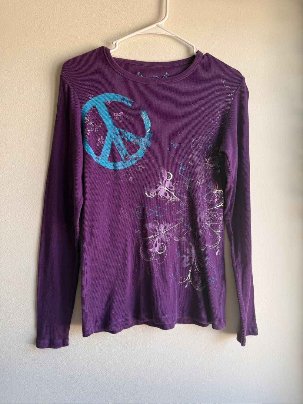 Arizona Jean Co Y2K Purple Ribbed Long Sleeve Top Peace Sign Graphic Tee